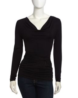 Long Sleeve Cowl Neck Knotted Top, Black