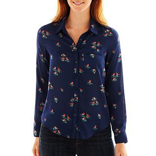 LIZ CLAIBORNE Long Sleeve Button Front Shirt, Womens