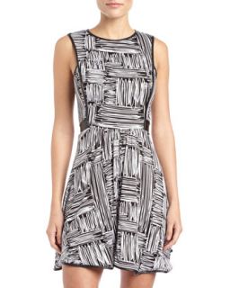 Scribble Print Fit and Flare Dress, Black/White