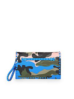 Valentino Rockstud Camouflage Leather & Canvas Clutch   Blue