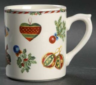 Gien Joyeux Noel Mug, Fine China Dinnerware   Ornaments,Pine,Holly/Stripe Edge