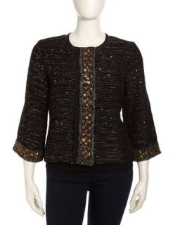 3/4 Sleeve Beaded Tweed Jacket, Black/Gold, Womens