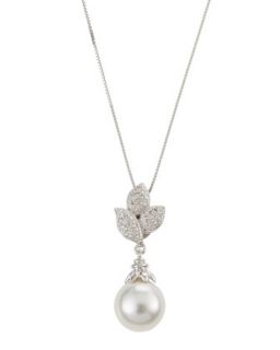 Diamond Leaf Bale Pearl Pendant Necklace