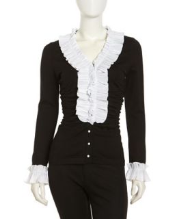 Silk Knit Ruffle Cardigan, Black/White