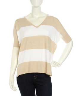 Short Sleeve Wide Striped Sweater, Sand/White