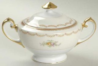 Meito V1881 Sugar Bowl & Lid, Fine China Dinnerware   Pink&Yellow Flowers,Brown