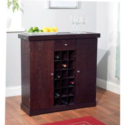 Espresso Wine Storage Cabinet (EspressoMaterials Wood with ash veneer Finish EspressoDesigned for convenience and eleganceTop slides out to make the perfect bar area for entertaining The center storage area holds up to 18 bottles of wineThe center drawe