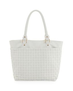 Faux Leather Woven Tote, White