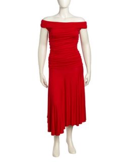 Ruched Off The Shoulder Asymmetric Dress, Red, Womens