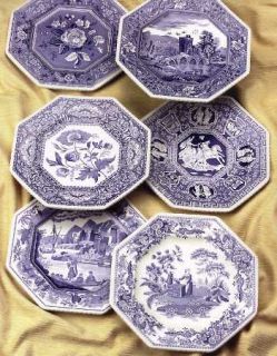 Spode Sutherland Blue Octagonal Luncheon Plate Set of 6 Motifs, Fine China Dinne