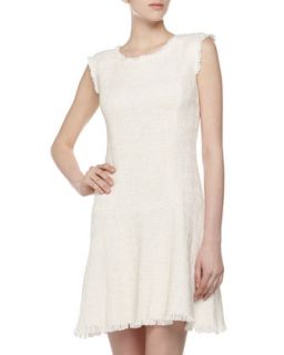 Fringed Tweed Drop Waist Flare Dress, Cream/Optic White
