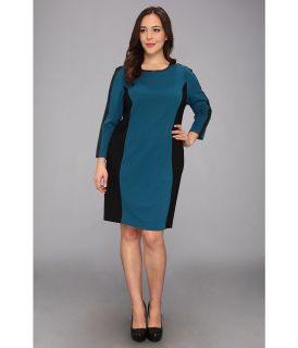 DKNYC Plus Size 3/4 Sleeve Dress w/ Faux Leather Piecing Womens Dress (Blue)