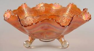 Fenton Two Flowers Marigold Carnival 9 Round Crimped 3 Toed Bowl   Marigold Car