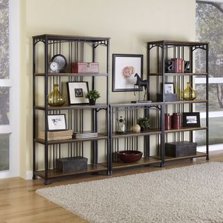 Modern Craftsman 3 piece Multi function Shelving Unit (Distressed oak and brown powder coated metal accented with gold highlightingMaterials Engineered wood solids with oak veneers and powder coated metalFinish Distressed oak and brown powder coated met