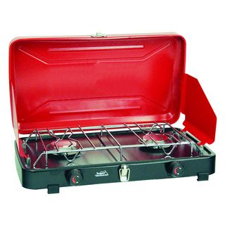 Texsport Rainier Compact Red Dual burner Propane Stove (RedFits 16.4 ounce or 14.1 ounce disposable propane cylinders (not included)Dimensions 22 inches long x 12 inches wide x 5 inches highWeight 6.2 pounds )