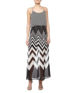 Chevron Print Chiffon Dress, Black/White