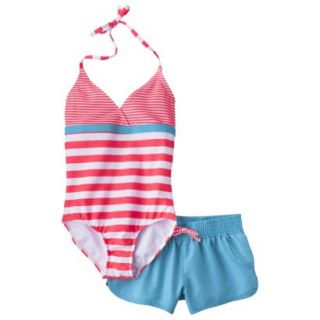 Xhilaration Girls Stripe 1 Piece Swimsuit and Short Set   Orange L