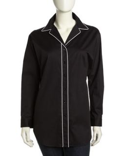 Long Sleeve Oversized Piped Button Front Shirt, Black/White