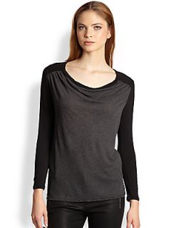 James Perse Contrast Sleeved Draped Jersey Top   Black