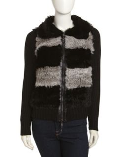 Rabbit Fur Stripe & Knit Zip Sweater, Black/Gray