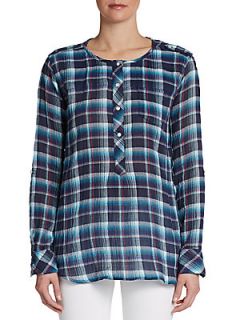 Crinkle Plaid Pullover   Navy