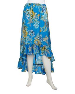 Floral Print High Low Crepe Ruffle Skirt, Blue