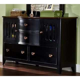 Jaxon 4 door Dresser (Mahogany solids, birch veneers, cherry veneer topsFinish Black, distressed brown counterFour spacious drawers with finished interiorsTwo top center drawers feature bowed fronts and French & English dovetailDust proofing on bottom dr