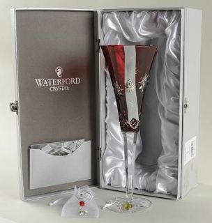 Waterford Snowflake Wishes (Boxed) Ruby Joy Fluted Champagne w/2 Charms   Cut,Sn