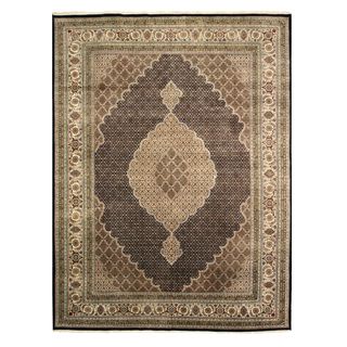 Eorc Black Hand knotted Wool And Silk Tabriz Mahi Rug (9 X 12)