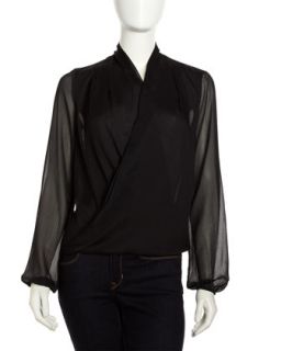 Wrapped Shawl Collar Pullover Blouse, Black