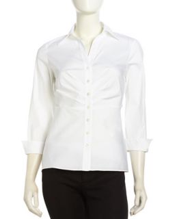 Ruched Front Poplin Button Down Blouse, White