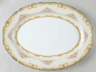 Noritake Roseglow 16 Oval Serving Platter, Fine China Dinnerware   Green Edge,