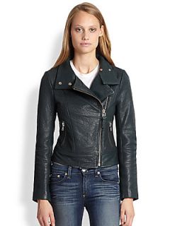 Mackage Lisa Pebbled Leather Motorcycle Jacket   Jade