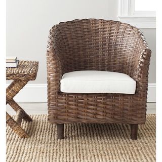 Safavieh Omni Barrel Brown Chair (Brown glazeIncludes One (1) chairMaterials Mango wood and polyester/ cotton fabricFinish BrownSeat dimensions 19.7 inches width and 19.5 inches depthSeat height 13.6 inchesDimensions 32.7 inches high x 29.1 inches w