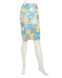 Embroidered Linen Pencil Skirt, Khaki