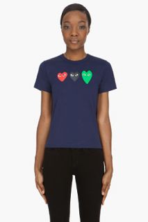 Comme Des Garons Play Navy Triple Heart Emblem T_shirt