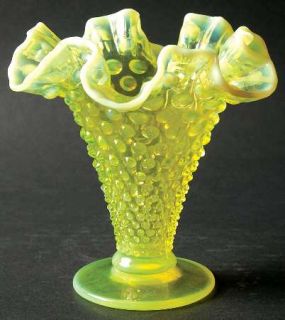 Fenton Hobnail Topaz Opalescent 5 Footed Double Crimped Vase   Topaz Opalescent