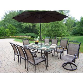 Oakland Living Cascade Patio Dining Set with Umbrella and Stand   Seats 8