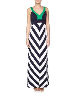 Colorblocked Chevron Striped Maxi Dress, Navy/White/Green