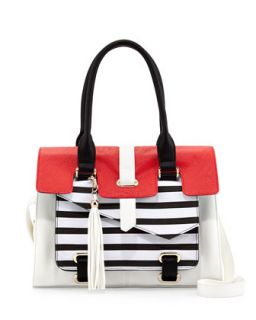 Three Tone Striped Combo Satchel Bag, Black/White/Red 