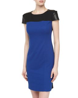 Cap Sleeve Pique Knit Jersey Dress, Cobalt/Black
