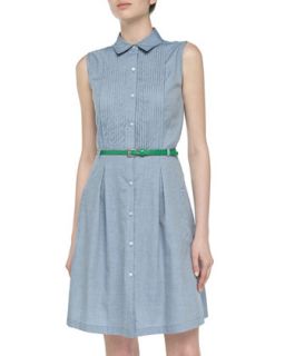Collared Button Front Sleeveless Chambray Dress