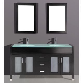 Tempered Glass 71 inch Double Sink Top And Bathroom Vanity With Dual Matching Wall Mirrors In Espresso Finish