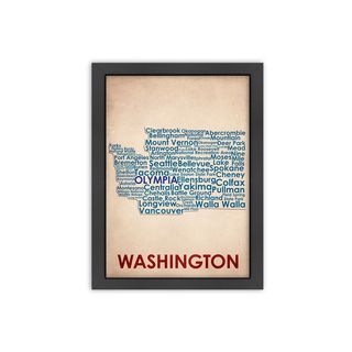 Wordmaps Washington Framed Print (LargeSubject ContemporaryFrame Black wood frame with Italian Gesso Coating, d ring hangar with on a masonite back complete with turn buttonsMedium Giclee print on natural whiteImage dimensions 18 inches x 24 inchesOut