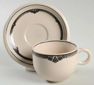 Epoch Seminole Flat Cup & Saucer Set, Fine China Dinnerware   Rust/Green Decor W