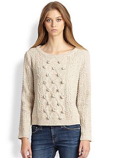 MILLY Sparkle Embellished Cable Knit Sweater   White