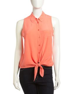 Mina Sleeveless Tie Front Silk Blouse, Neon Orange