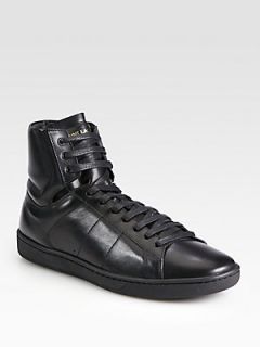 Saint Laurent Leather High Top Sneakers   Black