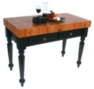 John Boos Le Rustica Table, 4 in Thick End Grain Cherry Top, Shelf, Black Base, 48 x 24 in