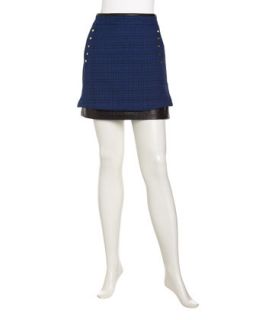 Tweed and Faux Leather Skirt, Cobalt/Black
